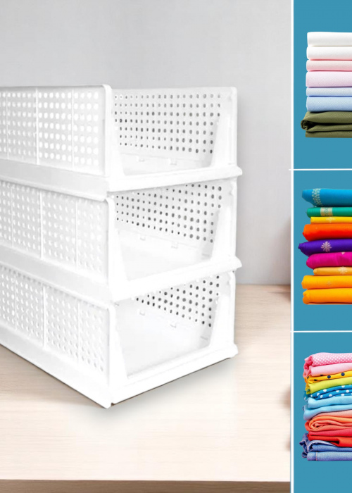 ODASWA Set of 3 Foldable Closet Organizers – Large Shirt & Cloth Stackers, Sliding Drawers for Wardrobe, Kitchen, Bathroom – Plastic, Stackable, White, 43.5L x 32.5W x 18.5H cm